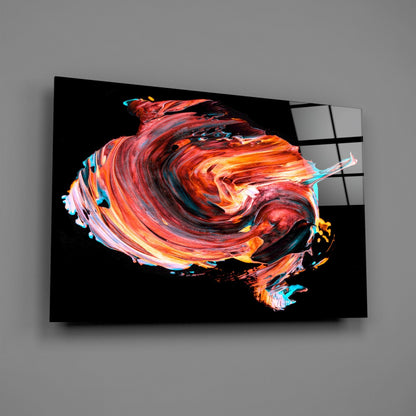 Angled view of red, orange, and teal swirling glass wall art panel against gray background with grid overlay visible.