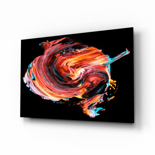 Angled perspective of glass wall art featuring a map of the United States in swirling red, orange, and cyan brushstrokes against black background.