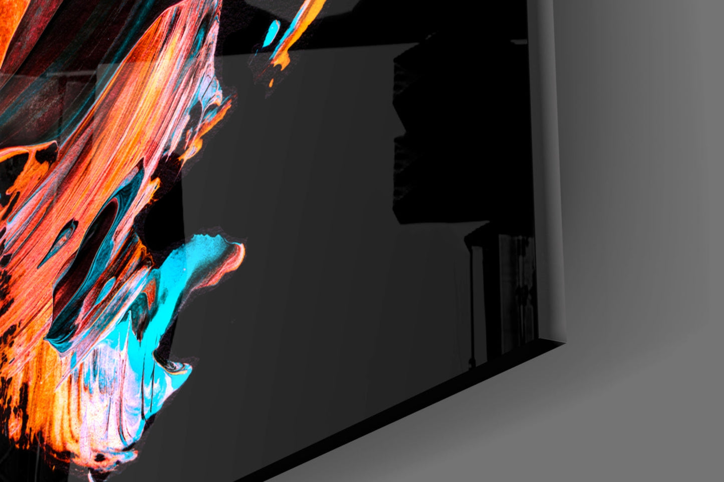Vibrant red and blue glass wall art with orange and cyan brushstroke patterns installed in a modern interior space.