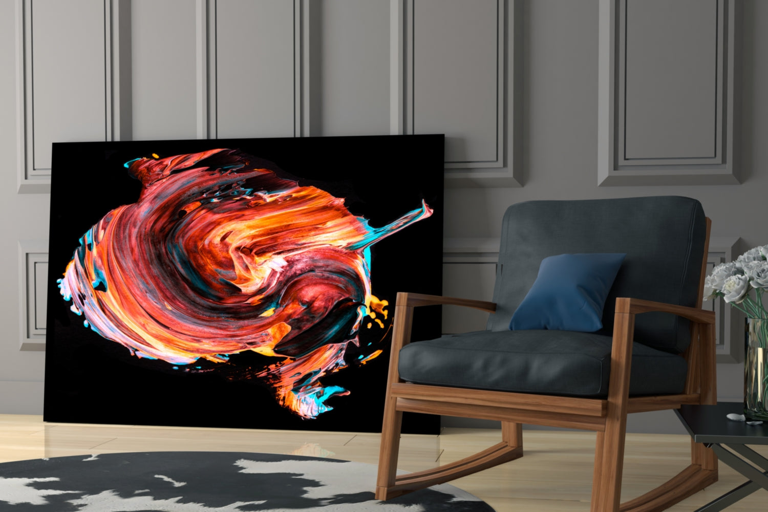 Red and orange swirling glass wall art displayed in modern living room with wooden chair and gray wall paneling.