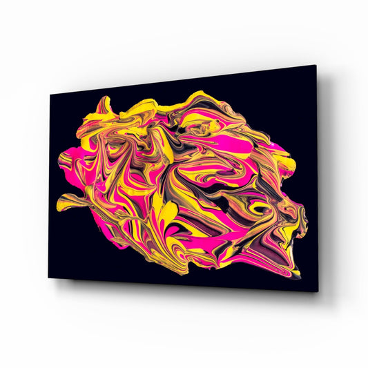 Vibrant liquid marble glass wall art with swirling yellow, magenta, and brown patterns on black background, displayed at angle.
