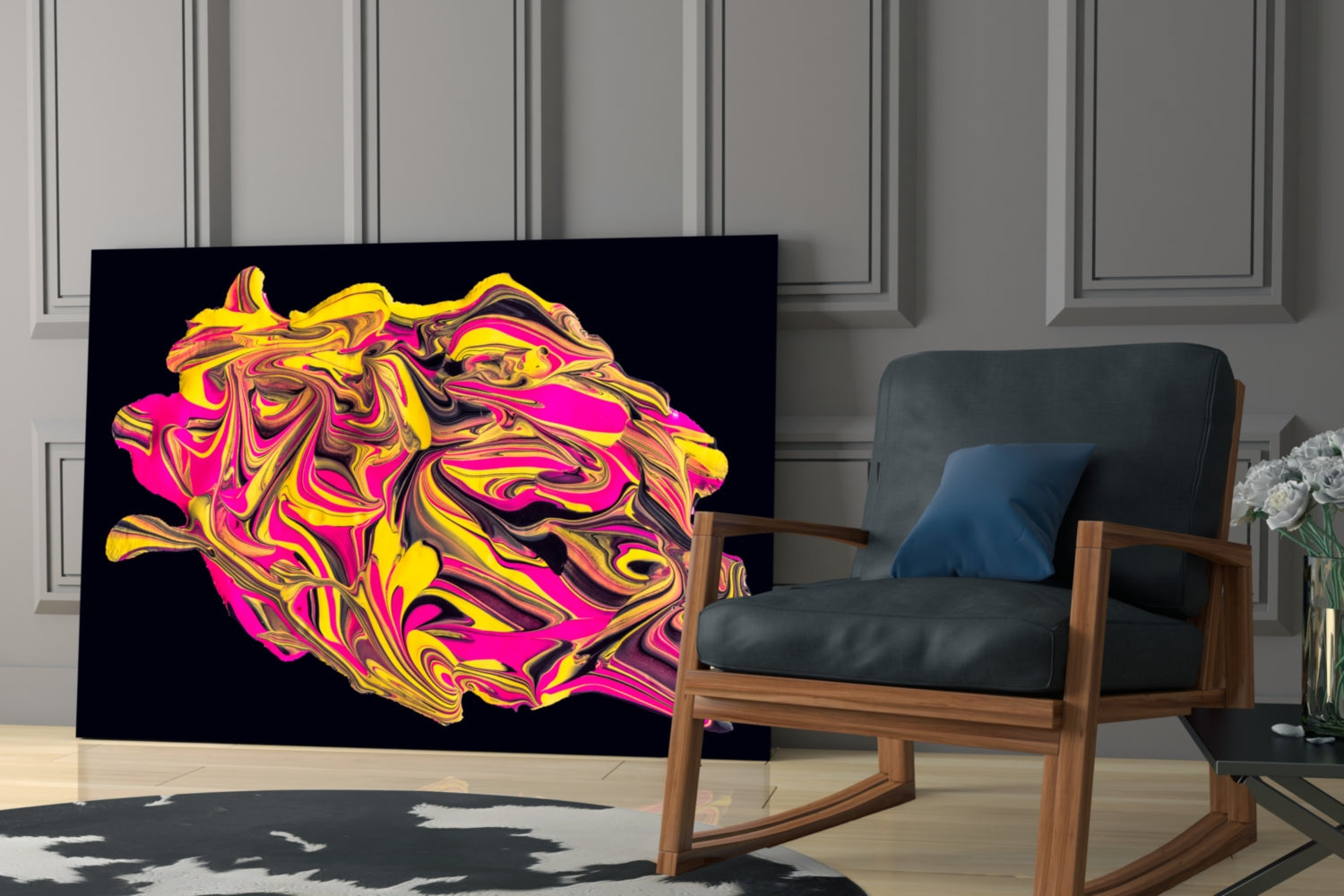 Vibrant yellow, pink, and magenta swirled glass wall art displayed behind a wooden-framed chair in a modern living room interior.