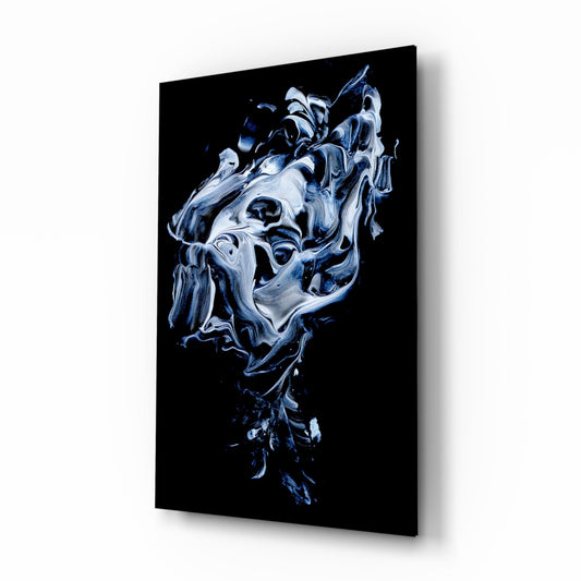 Abstract gray and white swirled glass wall art mounted on black background, angled perspective view showing depth and shadow.
