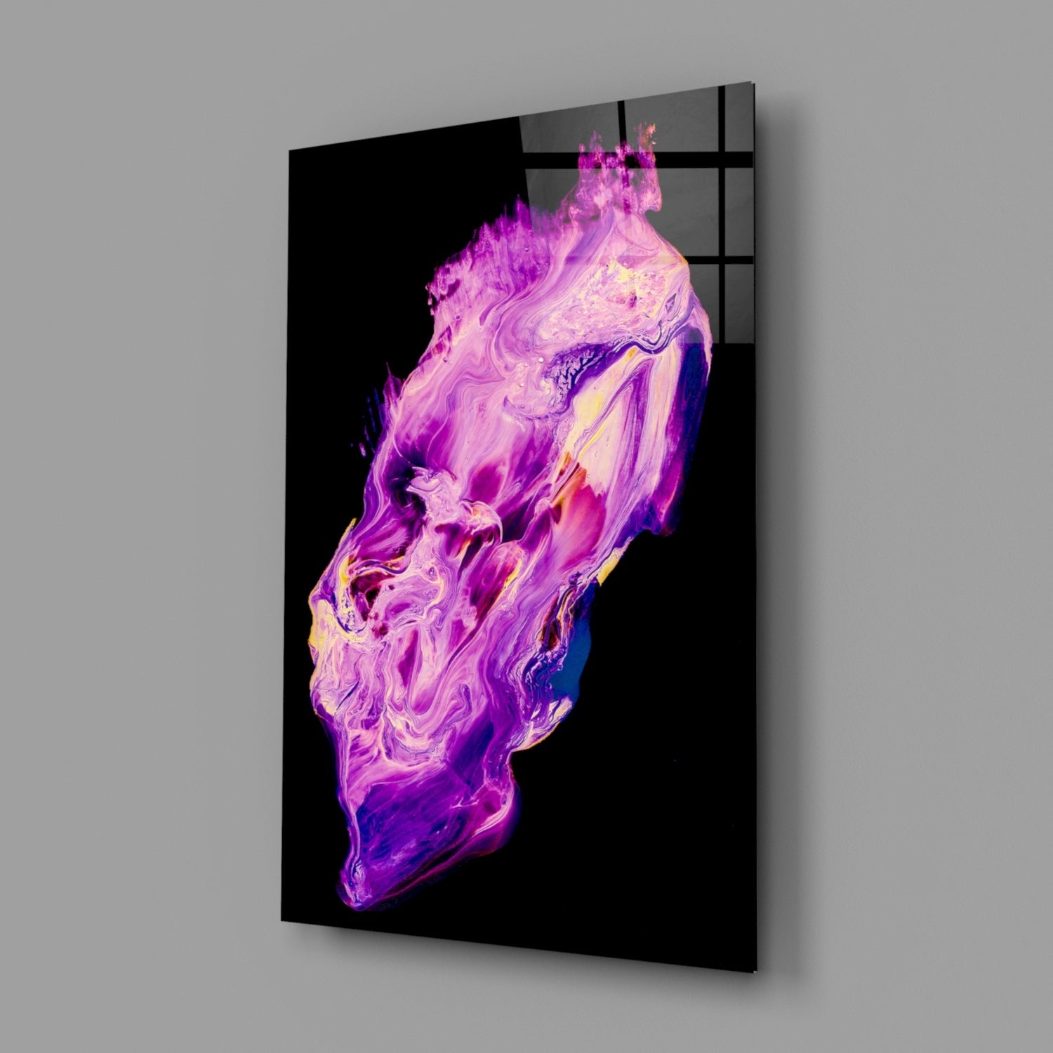 Abstract purple and magenta fluid art glass panel displayed at an angle against gray background.