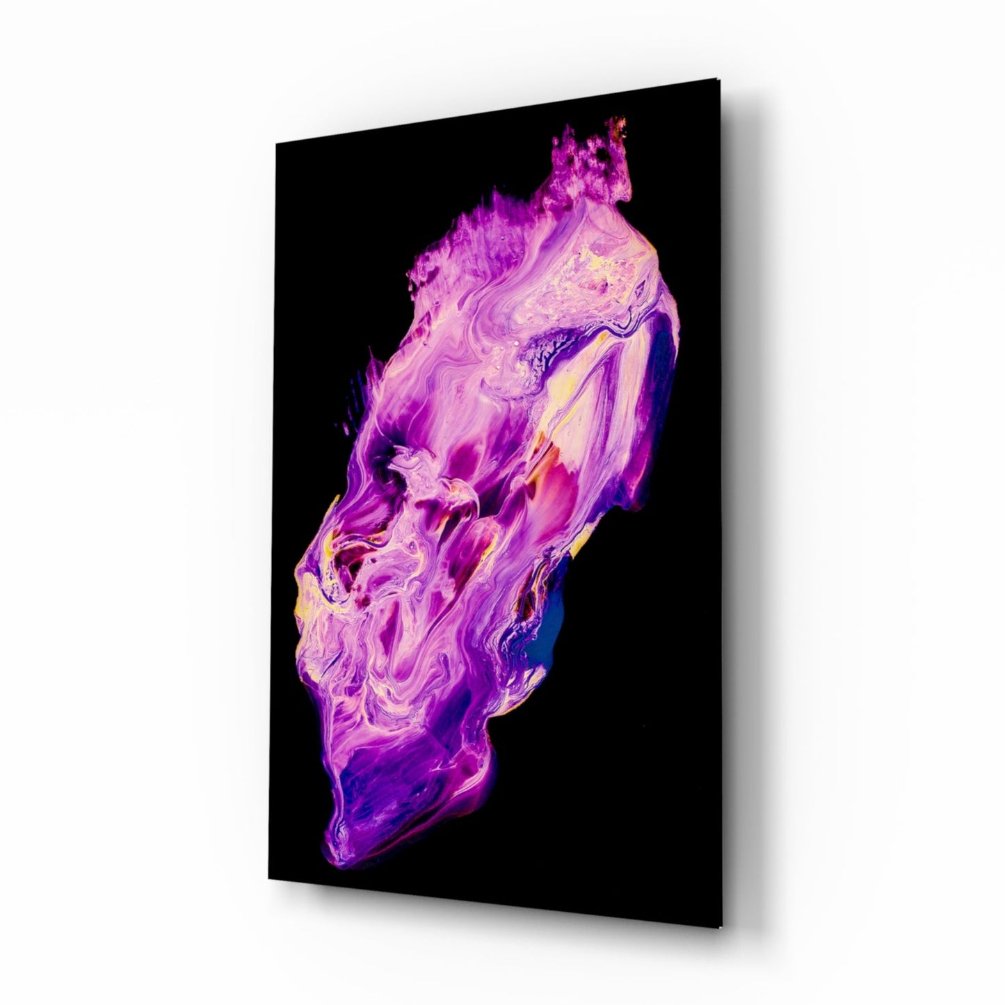 Angled perspective view of abstract purple glass wall art with swirling magenta, lavender, and yellow patterns on black background.