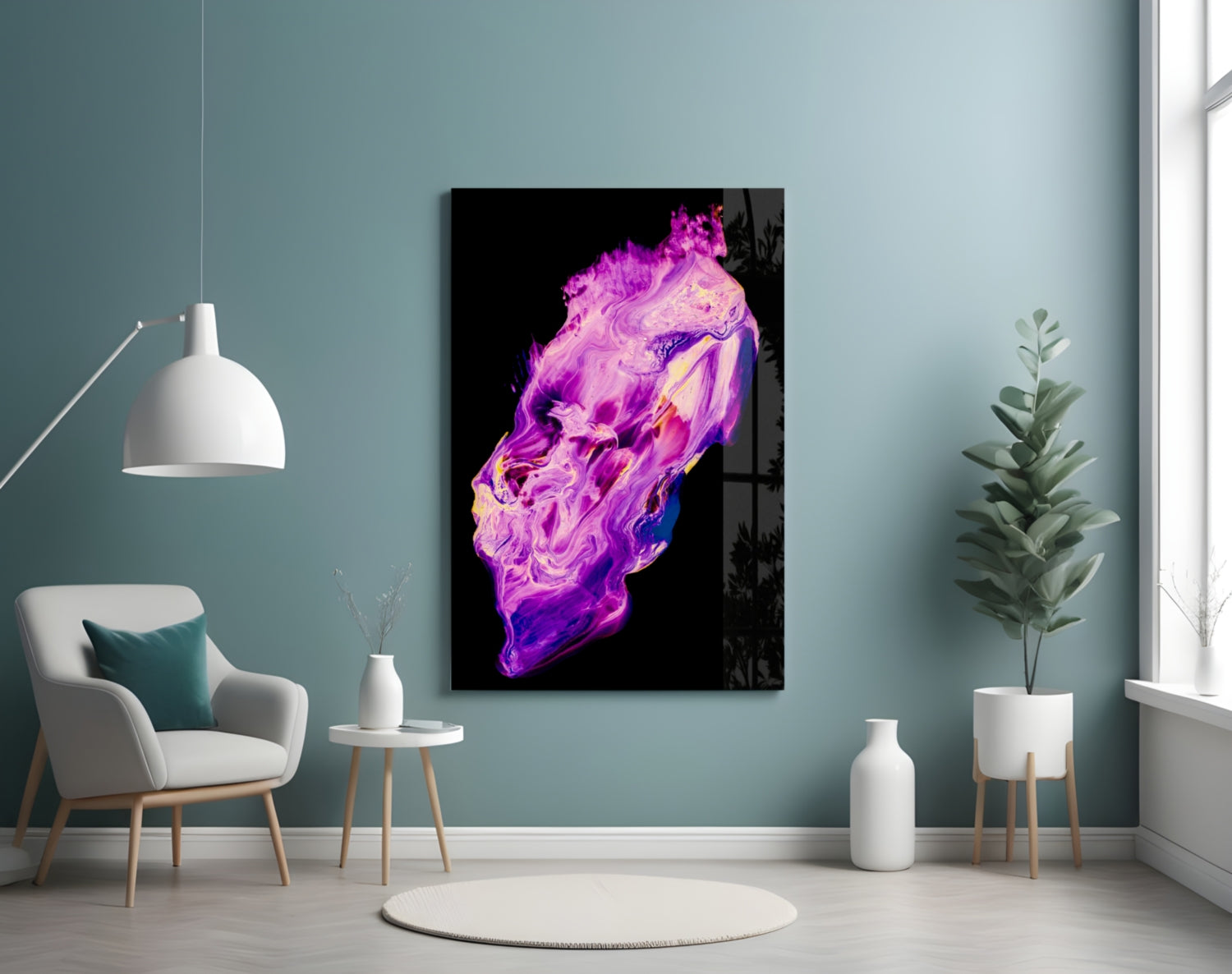 Abstract purple and magenta glass wall art with gold accents displayed in a modern room setting with teal walls and furnishings.