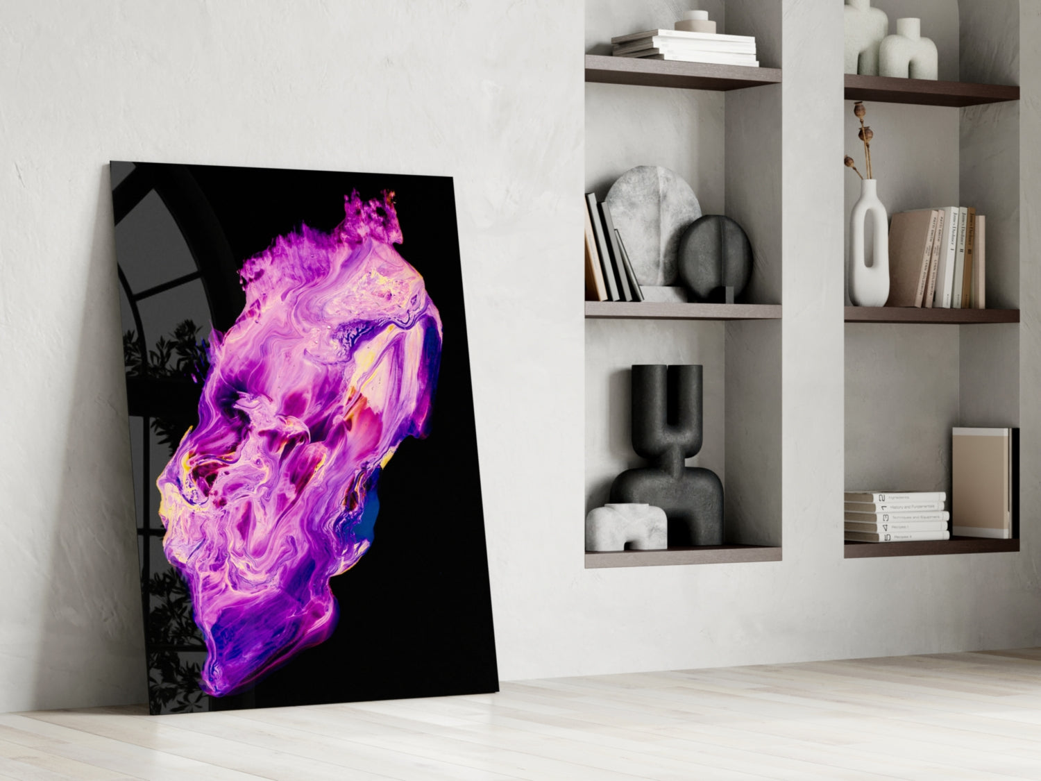 Abstract purple and magenta fluid glass wall art leaning against white wall beside wooden shelving unit.