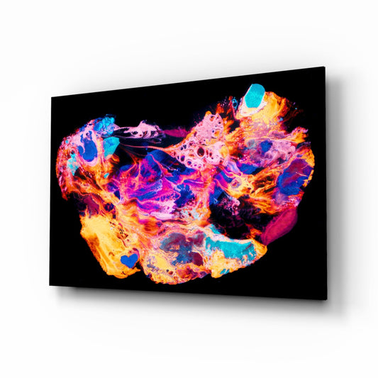 Vibrant abstract glass wall art featuring swirling patterns in cyan, magenta, yellow, and orange on black background, angled perspective view.