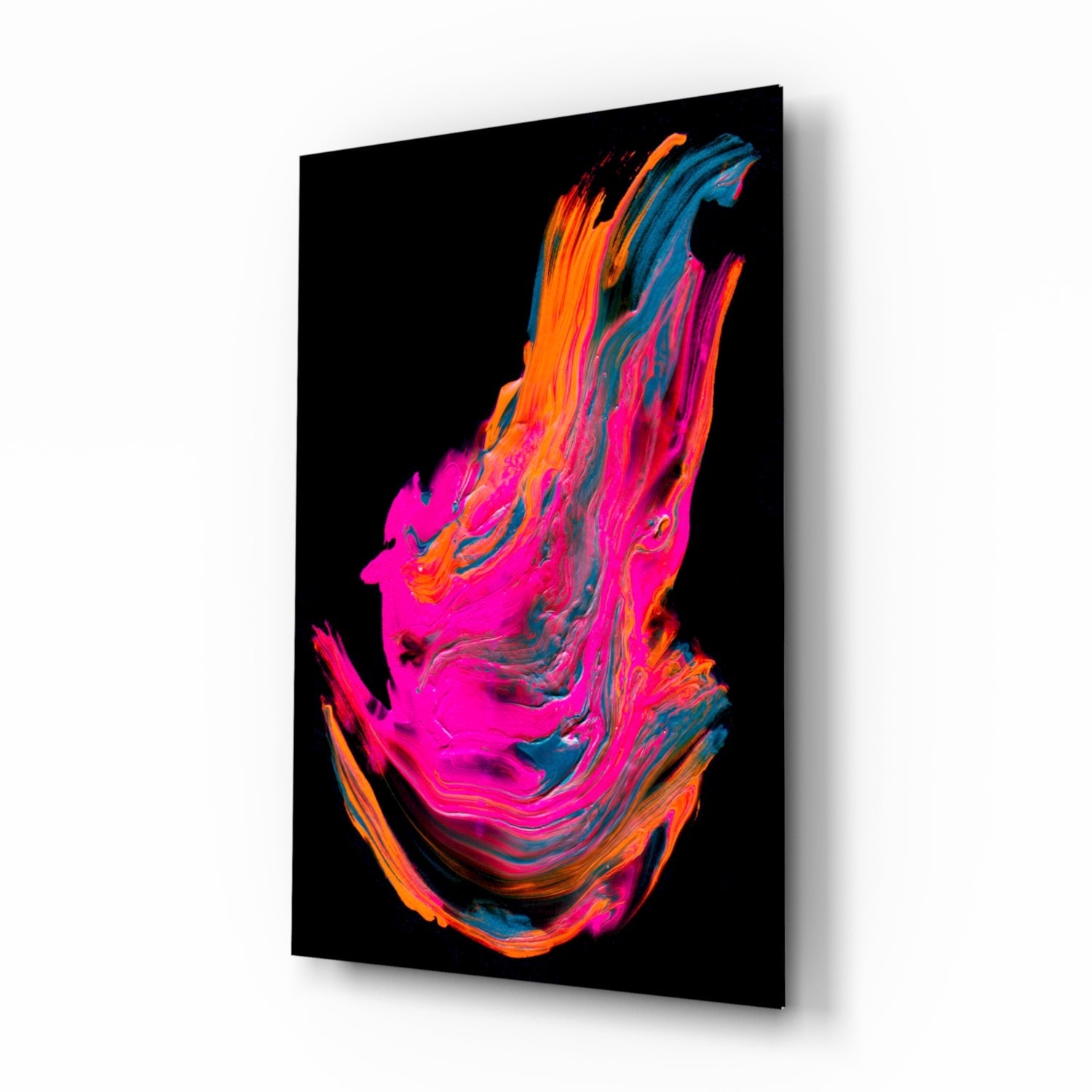 Angled 3D view of black glass panel displaying vibrant neon pink, orange, and blue swirling abstract design resembling a profile silhouette.