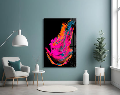 Vibrant abstract glass wall art with magenta, orange, and blue swirling brushstrokes displayed in modern room interior.