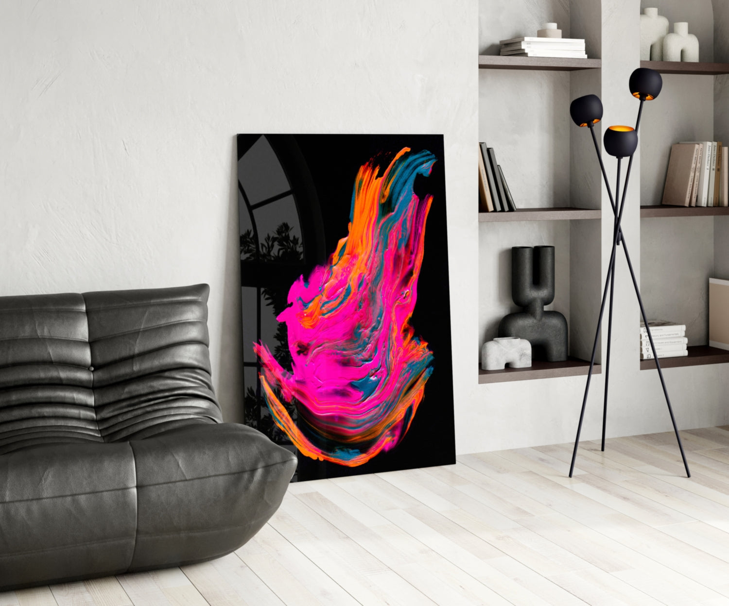 Vibrant abstract glass wall art with magenta, orange, and blue swirling brushstrokes displayed in modern living room interior.