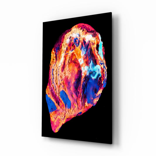 Angled product view of a black glass panel displaying a colorful thermal-map style illustration in reds, oranges, yellows, blues, and whites against a black background.