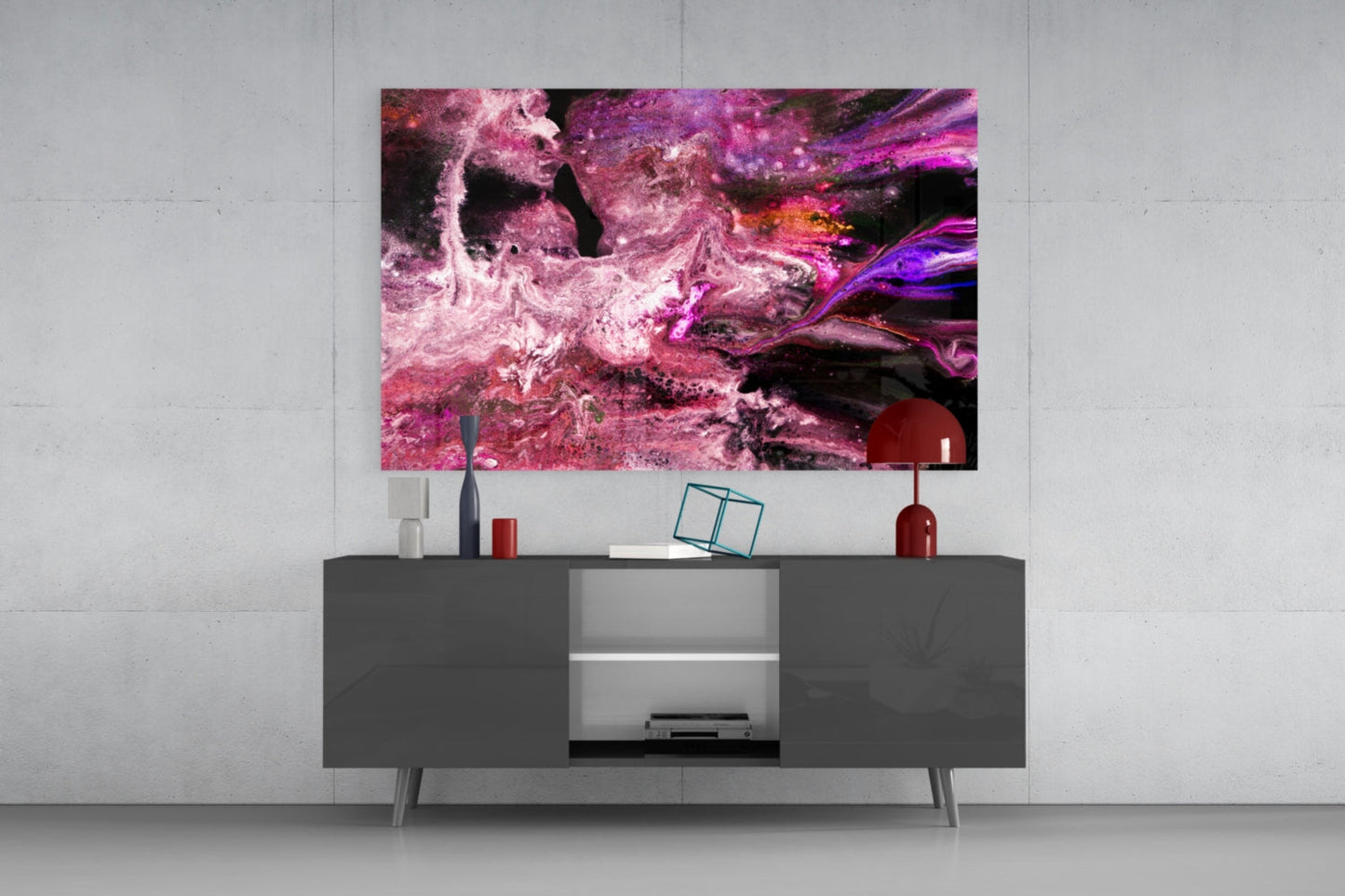Purple Space Glass Wall Art displayed above a dark gray media console in a modern living room interior.