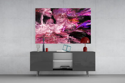 Purple Space Glass Wall Art displayed above a dark gray media console in a modern living room interior.