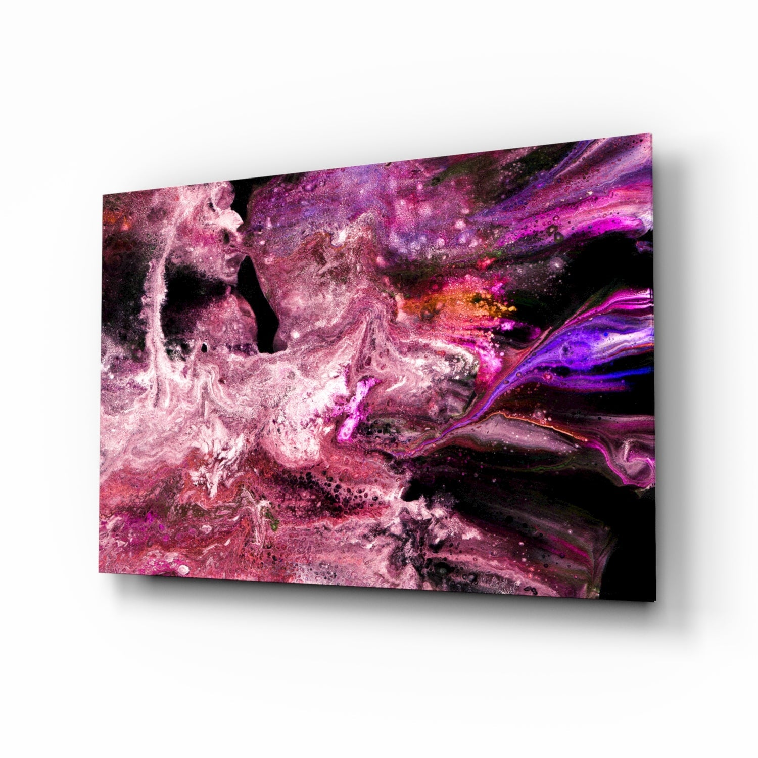 Angled perspective of purple and magenta abstract glass wall art with swirling patterns and black void areas.