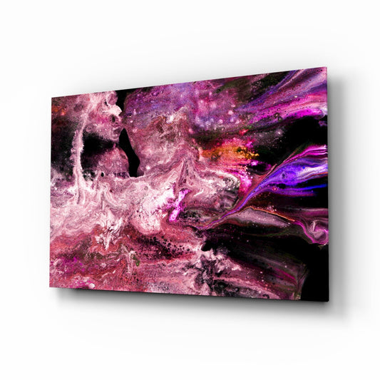 Angled perspective of purple and magenta abstract glass wall art with swirling patterns and black void areas.