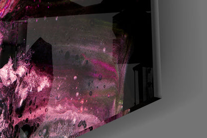 Purple Space Glass Wall Art installed on white wall, showing cosmic design with pink and magenta nebula effects and dark crater details.