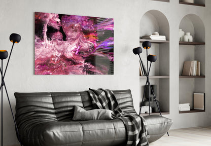 Purple Space Glass Wall Art displayed above black leather sofa in modern living room with white built-in shelving.