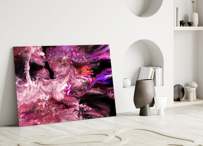 Purple Space Glass Wall Art leaning against white wall in minimalist room with sculptural vessels and shelving.