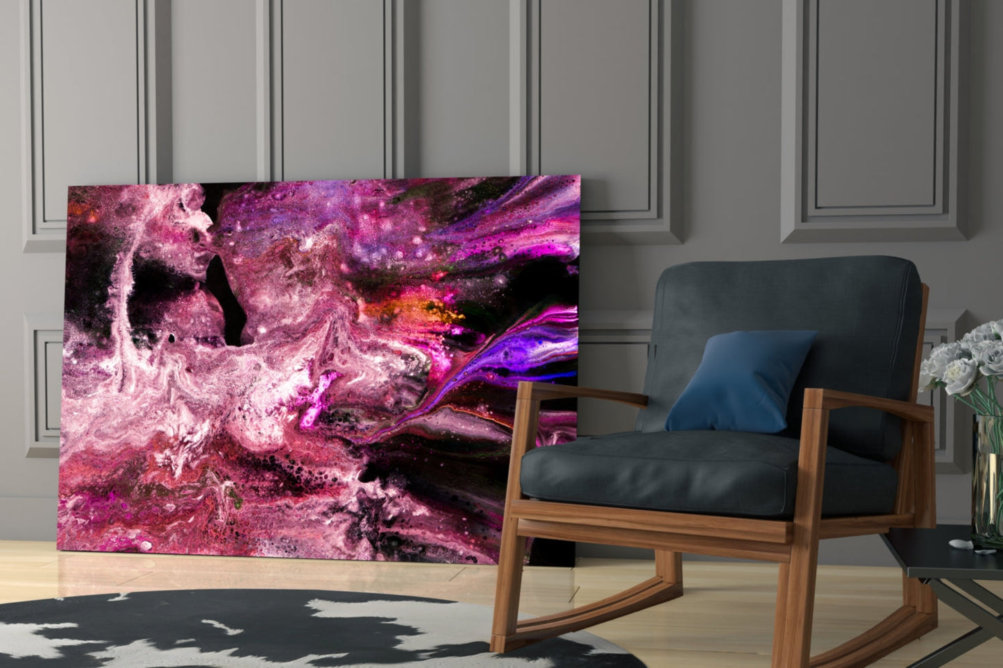 Purple Space Glass Wall Art displayed in a modern living room beside a wooden rocking chair with black cushions.