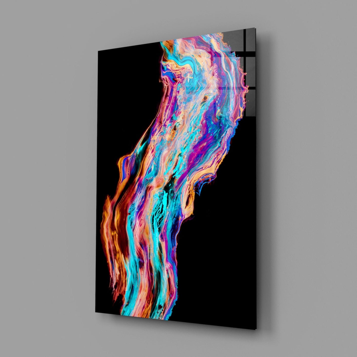 Angled view of a black glass wall panel with vibrant neon-colored flowing streaks in cyan, magenta, orange, and purple, mounted on a gray wall.