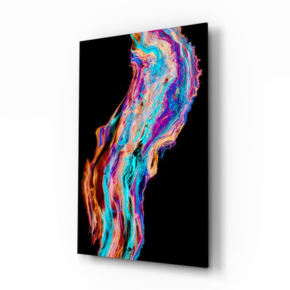 Angled perspective view of a black glass panel with vibrant swirling patterns in cyan, magenta, orange, and purple flowing vertically.