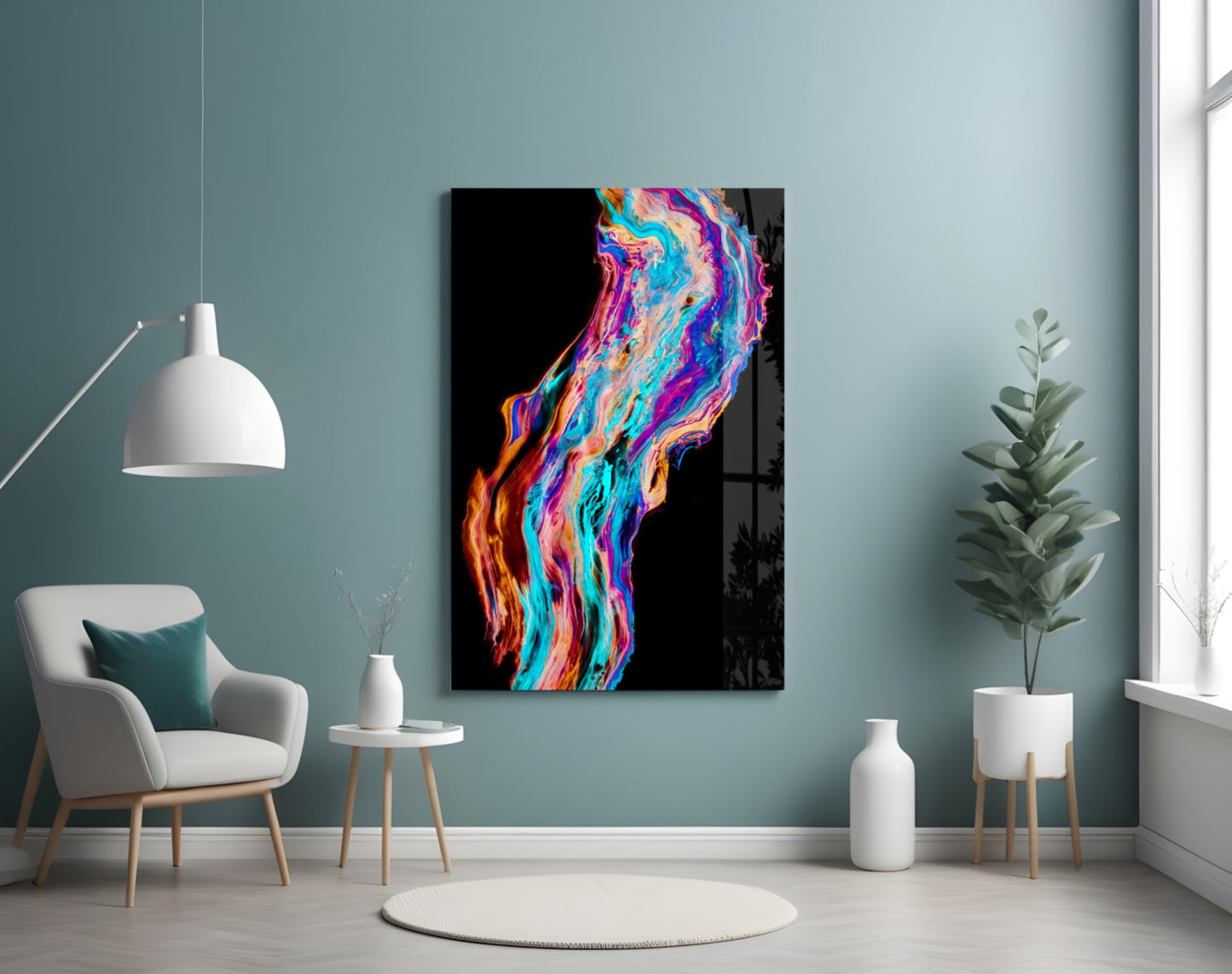 Colorful Colored Flow Glass Wall Art displaying vibrant neon streaks of blue, pink, orange, and yellow on black background, hung in modern living room setting.