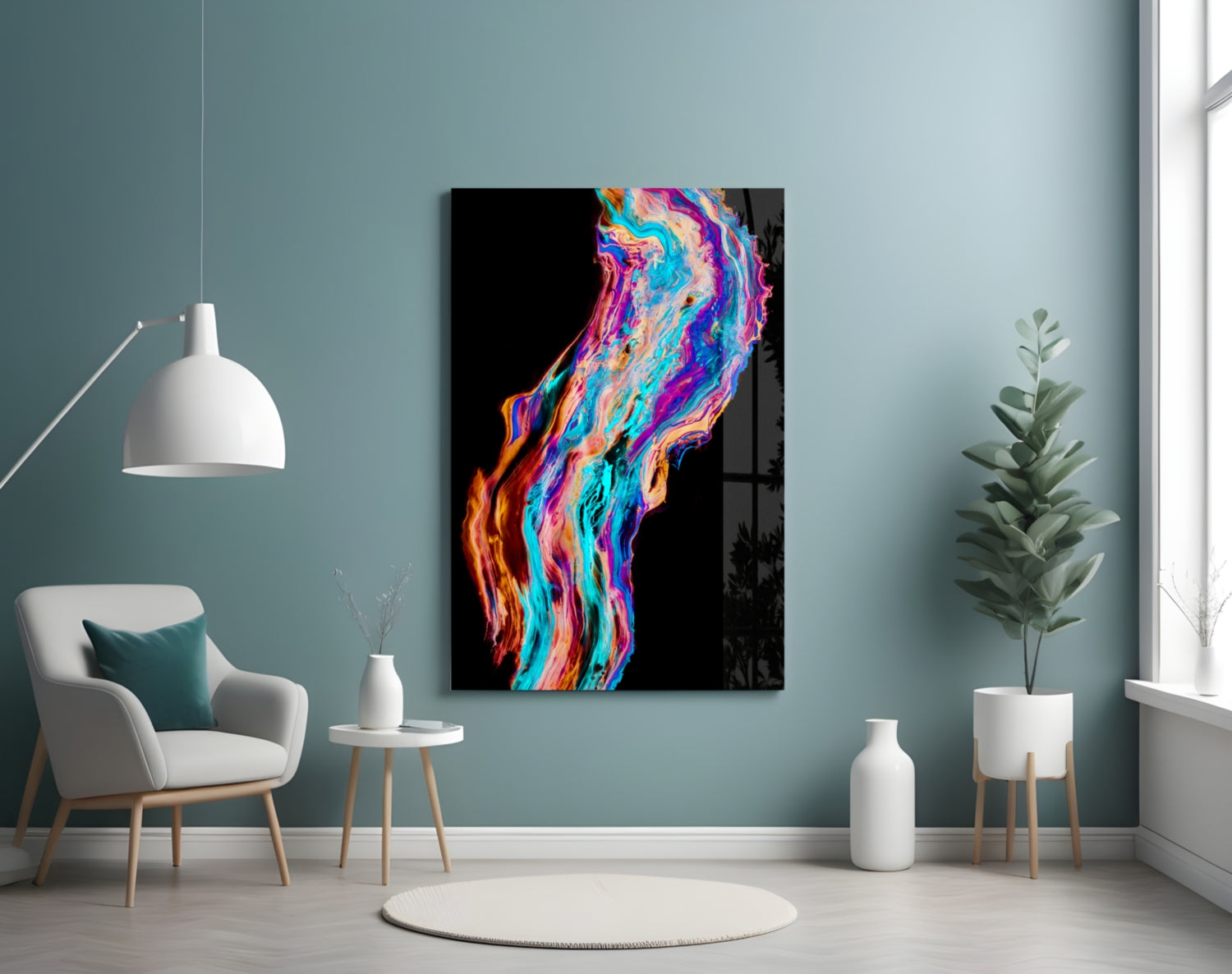 Colorful Colored Flow Glass Wall Art displaying vibrant neon streaks of blue, pink, orange, and yellow on black background, hung in modern living room setting.