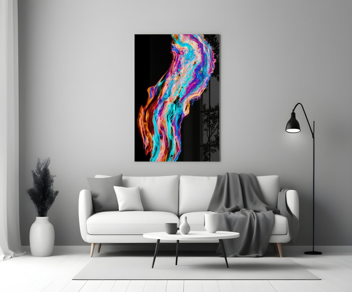 Colored Flow Glass Wall Art with vibrant neon pink, blue, and orange swirling patterns displayed above a white sofa in a modern living room.