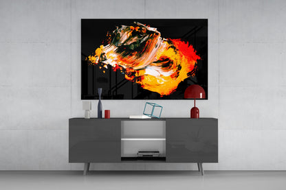 Modern living room setup with flat-screen TV displaying abstract orange and yellow brushstroke artwork above dark gray media console.