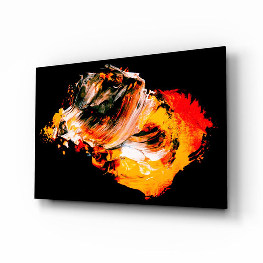 Abstract yellow and red glass wall art with dynamic brushstroke patterns displayed at an angle against black background.