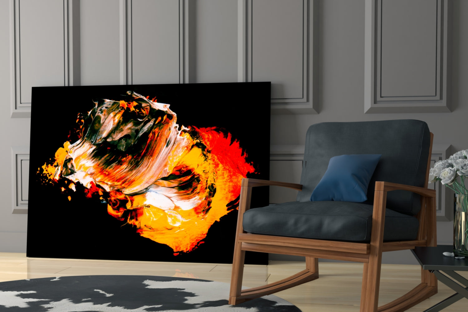Modern living room featuring abstract yellow and red glass wall art with dynamic brushstroke design displayed next to wooden chair.