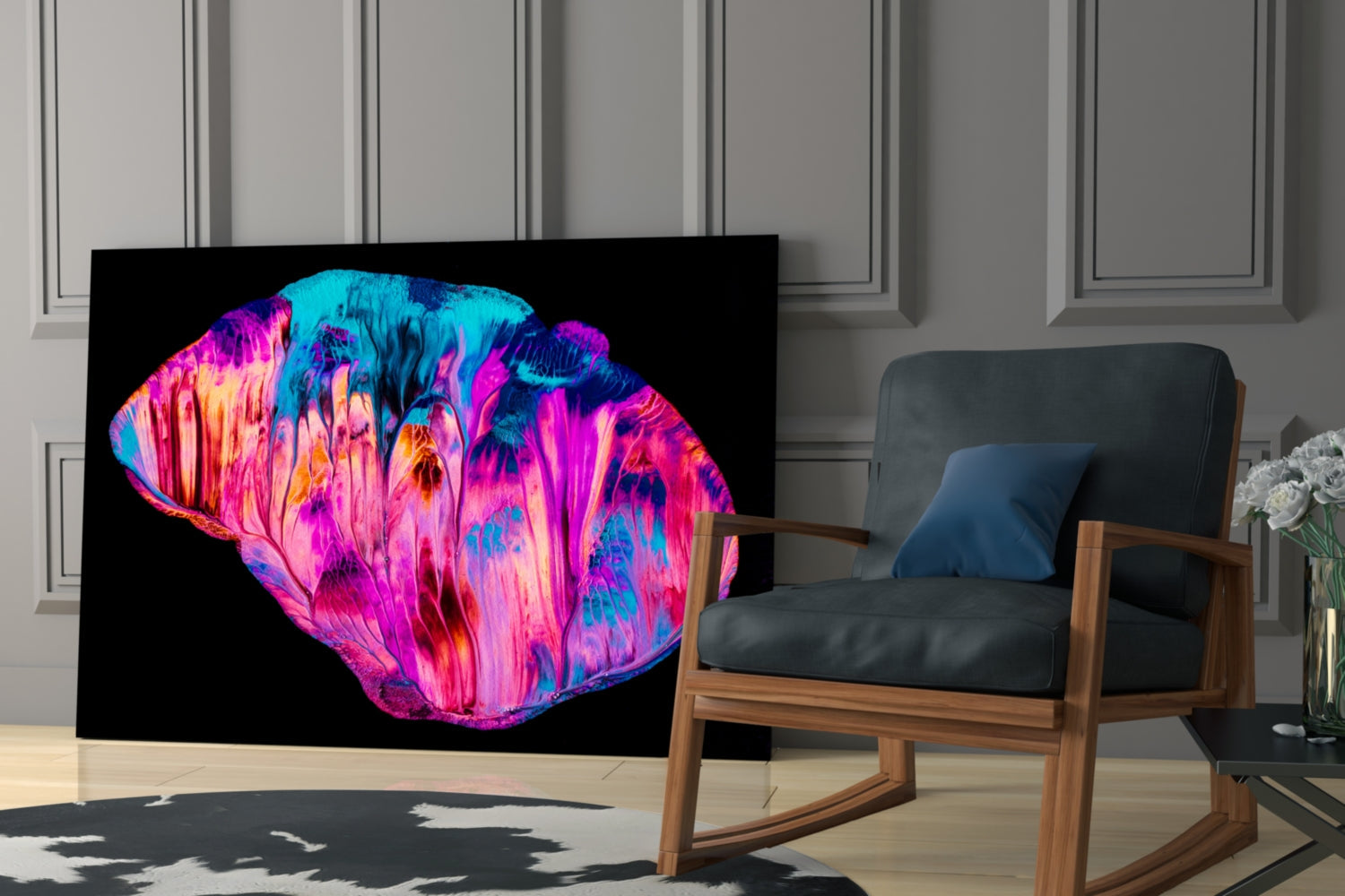 Vibrant neon pink and cyan abstract glass art displayed on black background in modern living room setting.