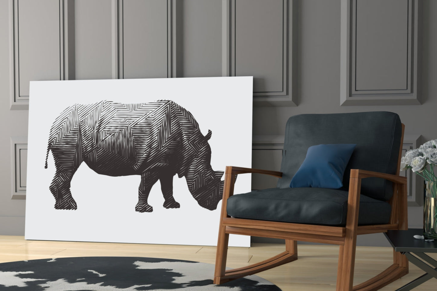Geometric Line Rhino Glass Wall Art