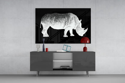 White Line Rhino on Black Glass Wall Art