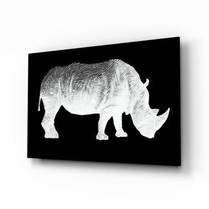 White Line Rhino on Black Glass Wall Art