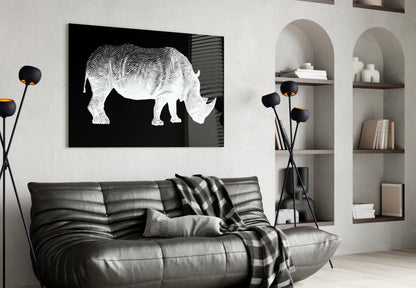 White Line Rhino on Black Glass Wall Art