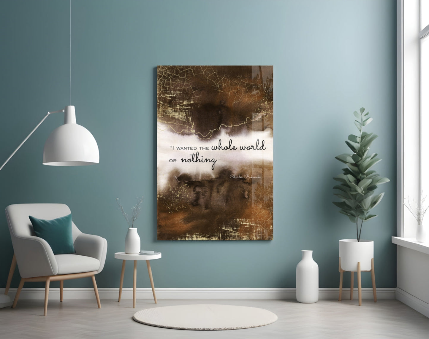 Bronze Cracked Ink Whole World Quote Glass Wall Art