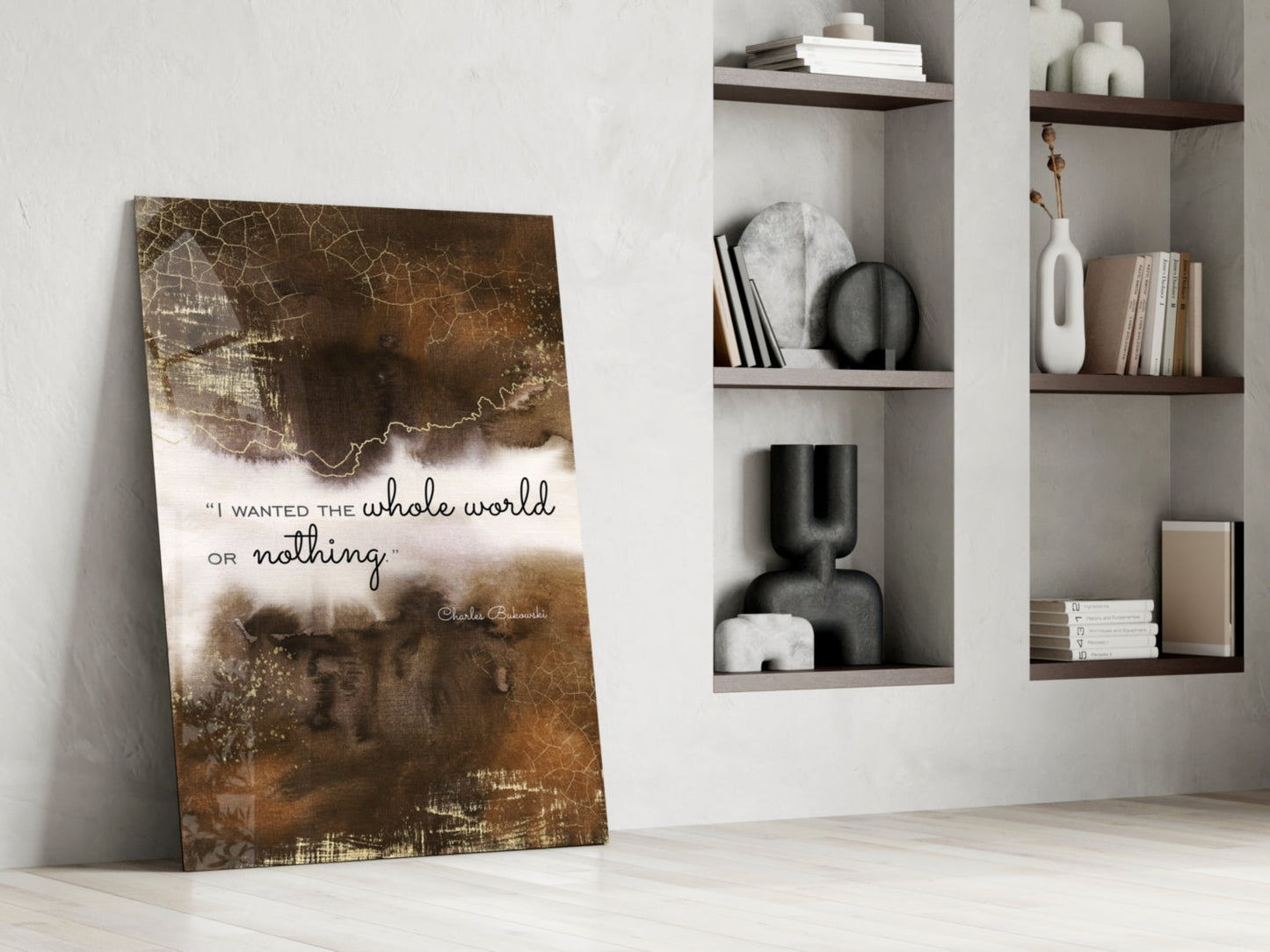 Bronze Cracked Ink Whole World Quote Glass Wall Art