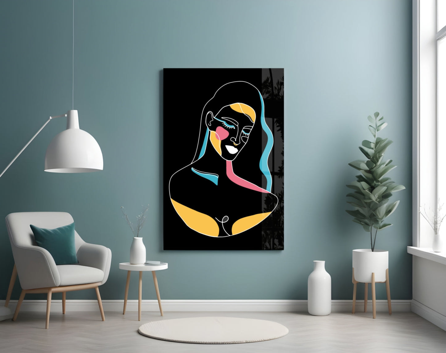 Blue Wavy Hair Line Art Glass Wall Art