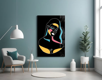 Blue Wavy Hair Line Art Glass Wall Art