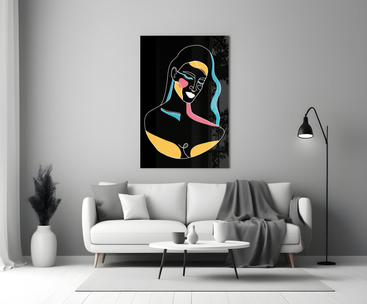 Blue Wavy Hair Line Art Glass Wall Art