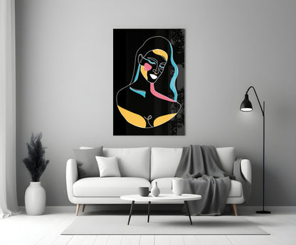 Blue Wavy Hair Line Art Glass Wall Art