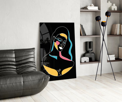 Blue Wavy Hair Line Art Glass Wall Art