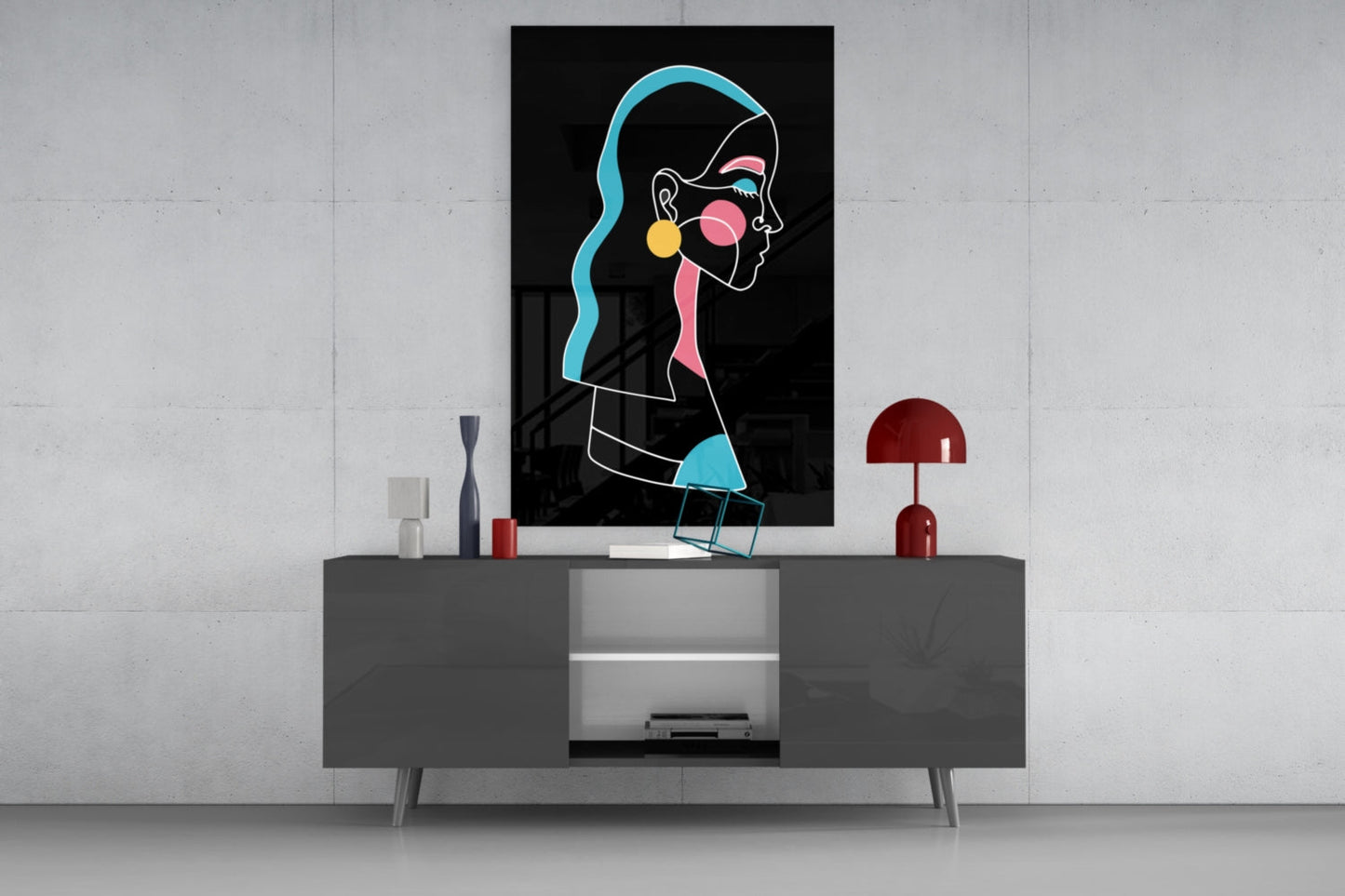 Blue Hair Profile Woman Glass Wall Art