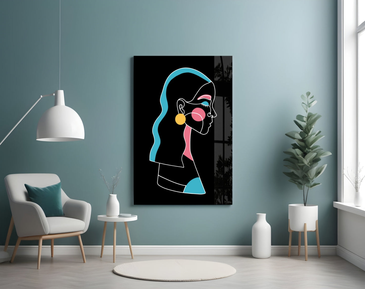 Blue Hair Profile Woman Glass Wall Art