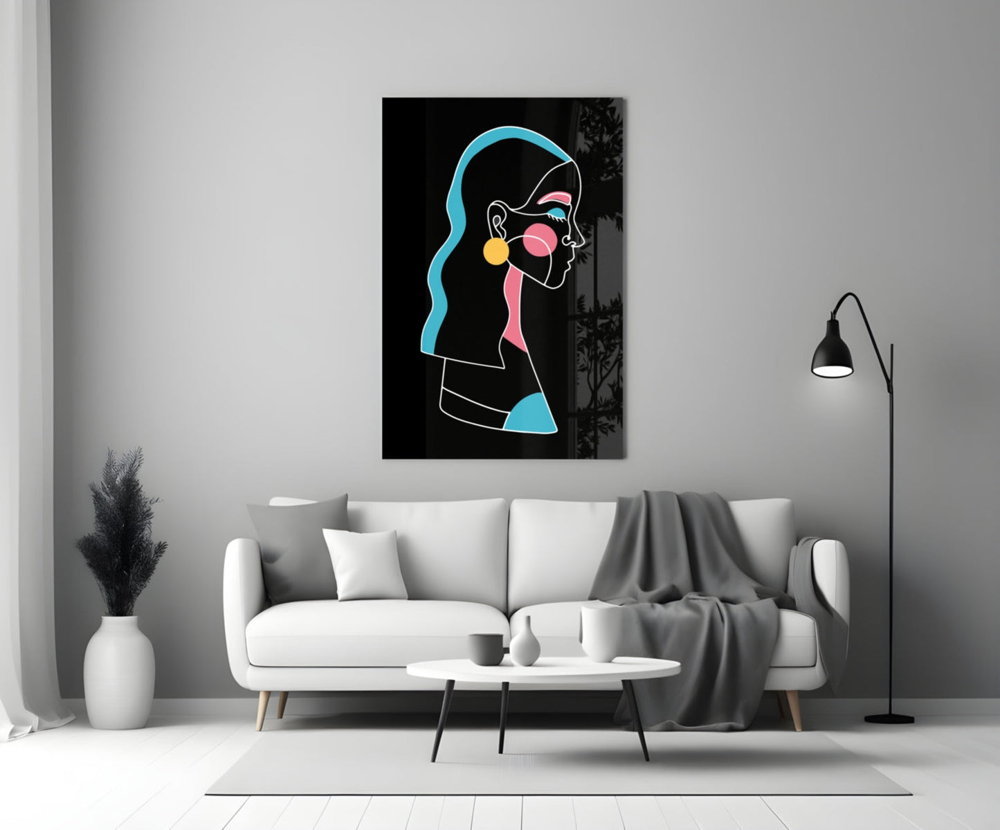 Blue Hair Profile Woman Glass Wall Art