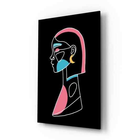 Modern neon-style glass wall art displaying a minimalist profile face with pink hair, blue accents, and white line work on black background, shown at three-quarter angle.