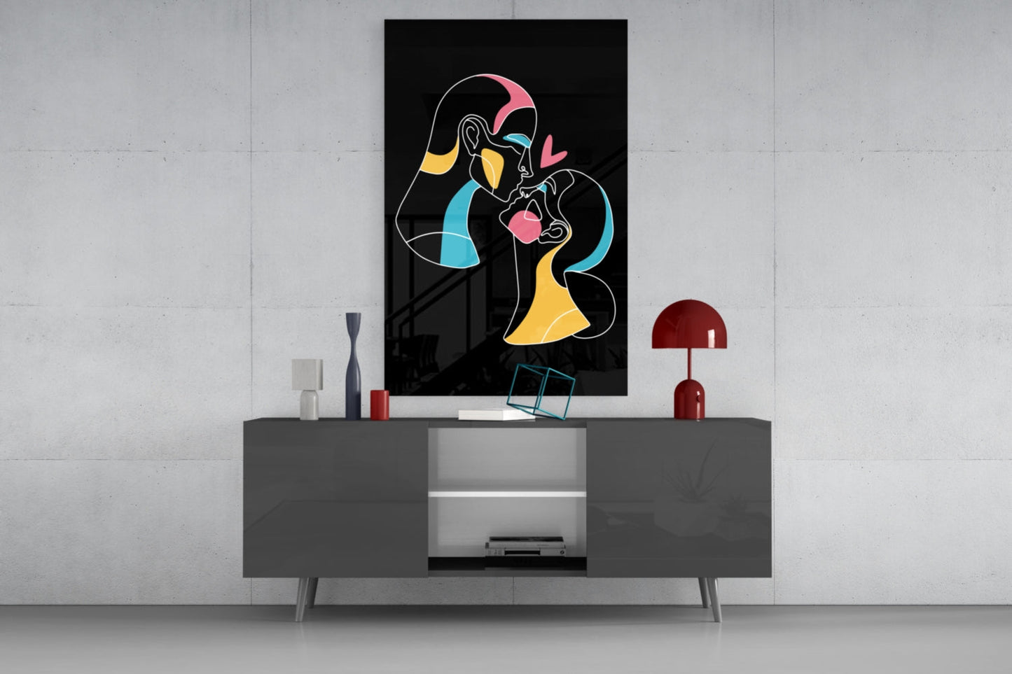 Kissing Couple Line Art Glass Wall Art