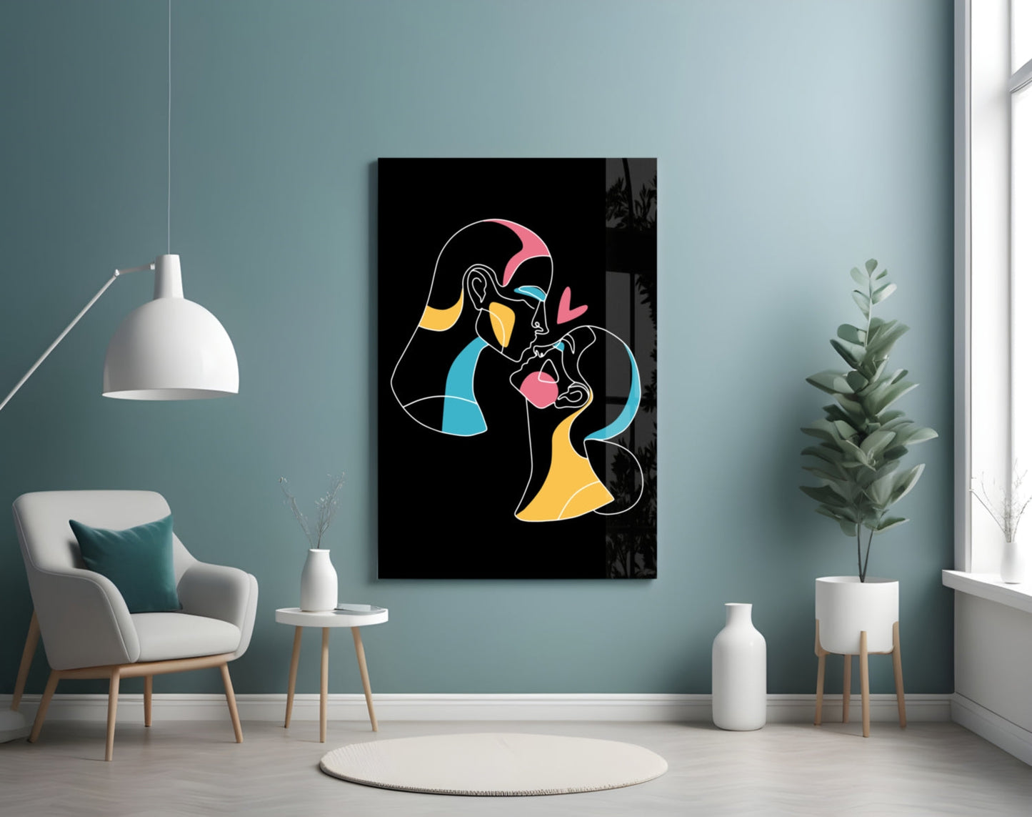 Kissing Couple Line Art Glass Wall Art